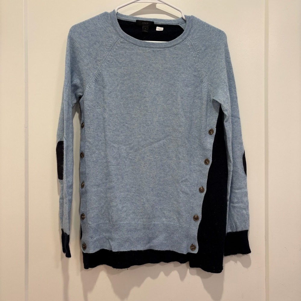 J. Crew Colorblock Wool Blend Button Side Elbow Patch Sweater Blue Navy 08645‎ S